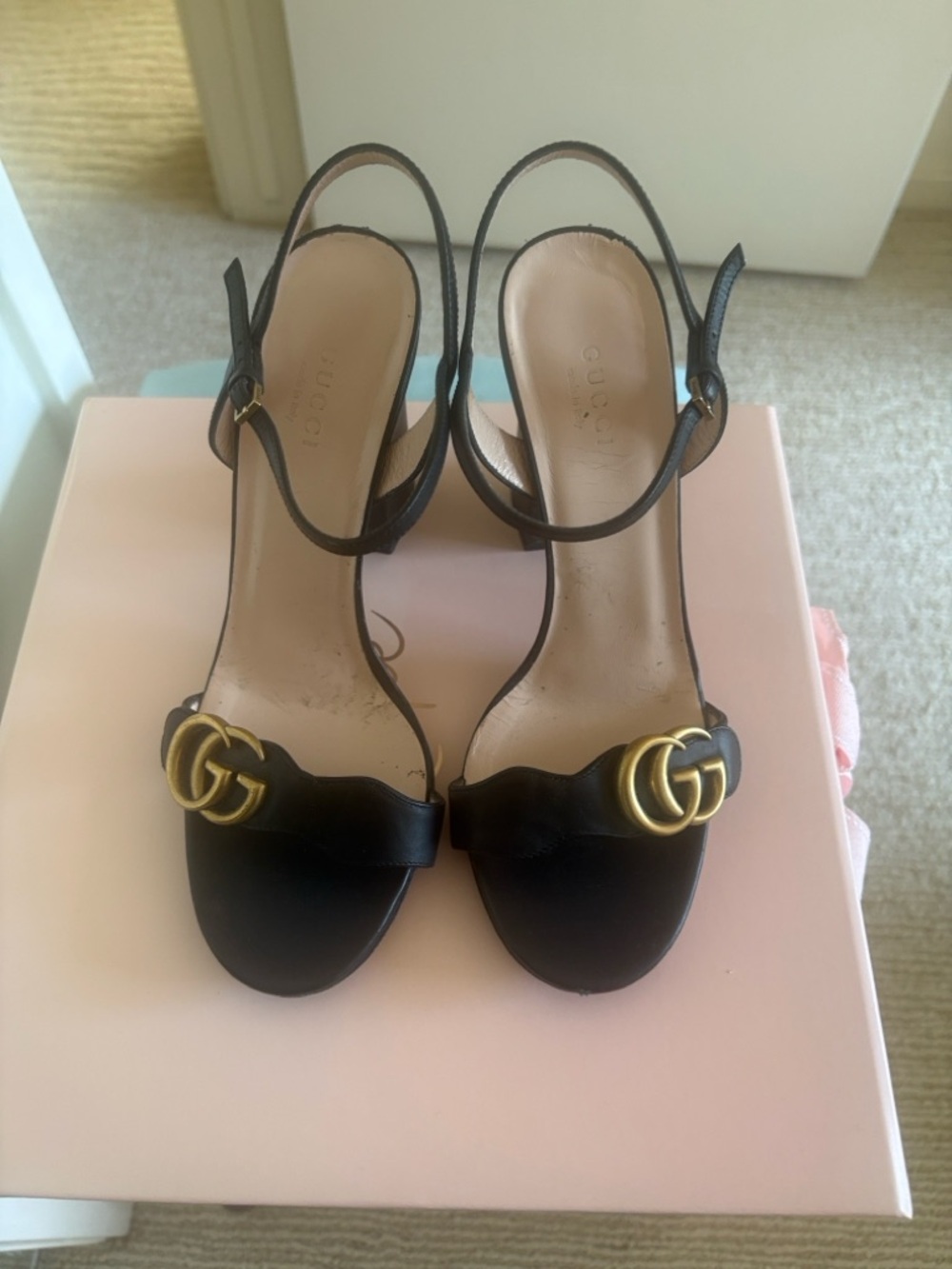 Gucci Black Leather GG Marmont Block heel sandals size EU 38 1/2 - Picture 2 of 2